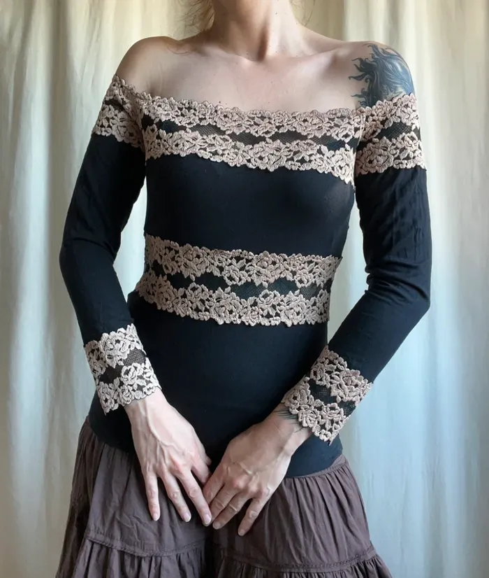 Top épaules nues dentelle roses Coquette Goth Whimsigoth vintage 90s Grunge - Taille M - photo numéro 4