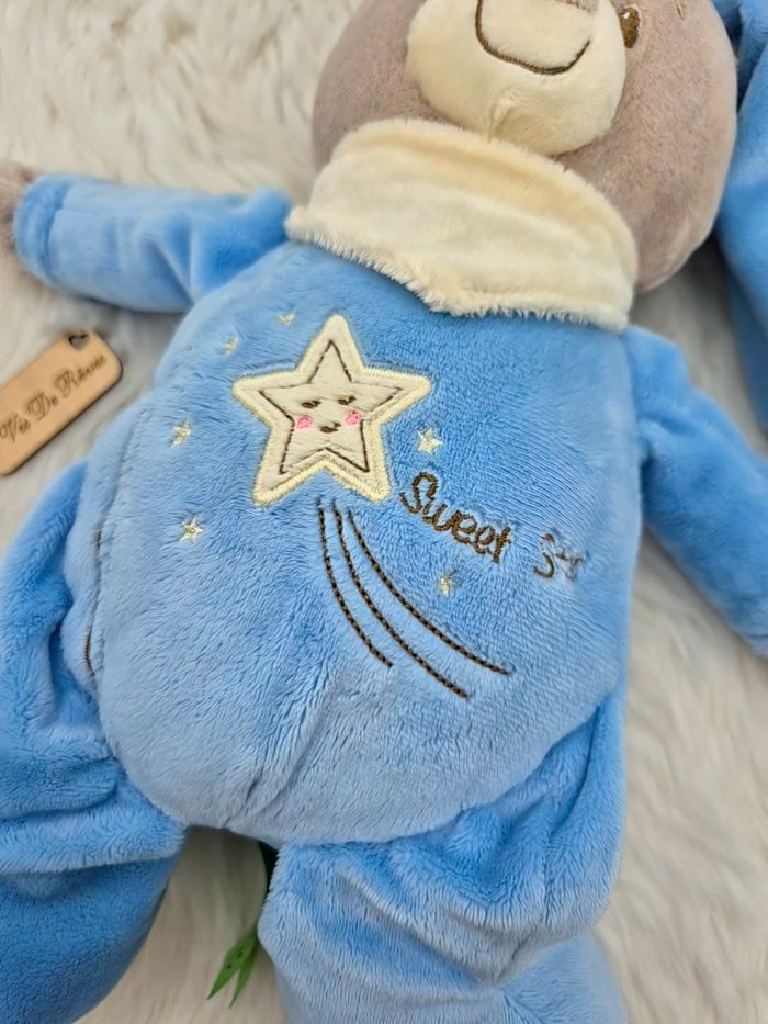 Doudou peluche Lapin Bleu beige/écru Sweet Star bandana Nicotoy - photo numéro 5