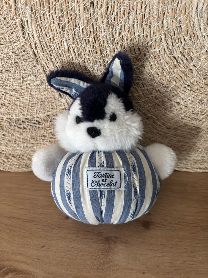 Doudou vintage lapin boule bleu marine blanc tartine et chocolat - photo numéro 2
