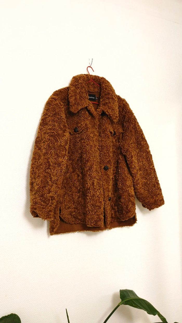 Manteau veste tendance faux shearling teddy bouclé marron brun découpe originale fente - photo numéro 3