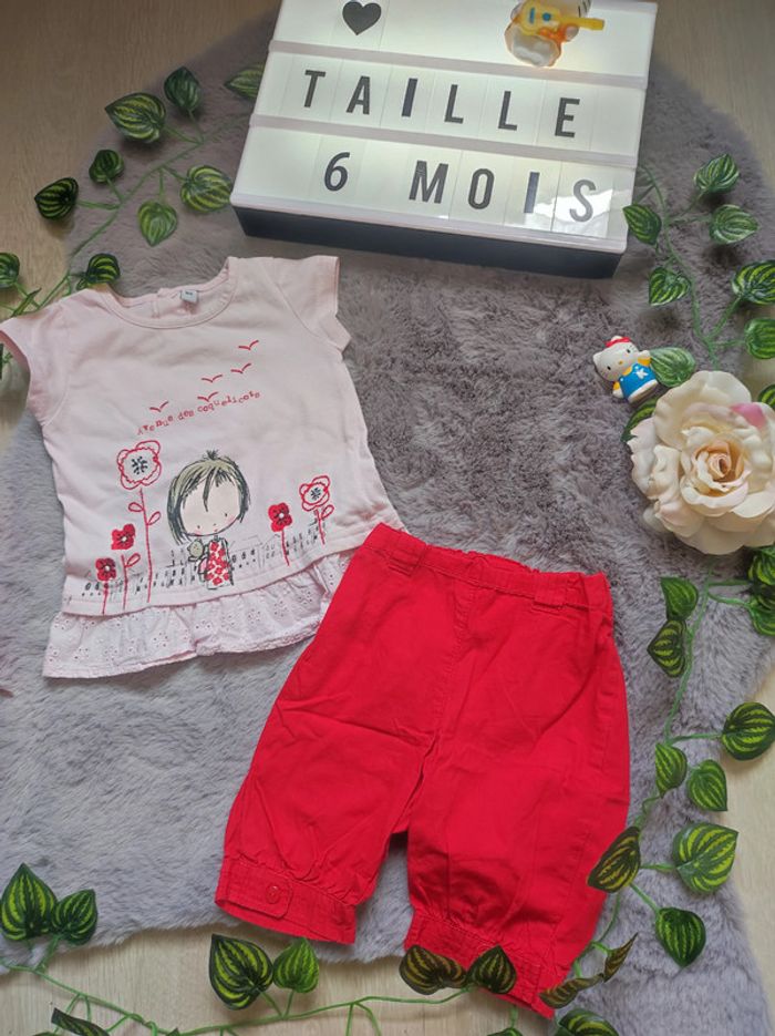 Ensemble rose et rouge manches courtes orchestra 6 mois