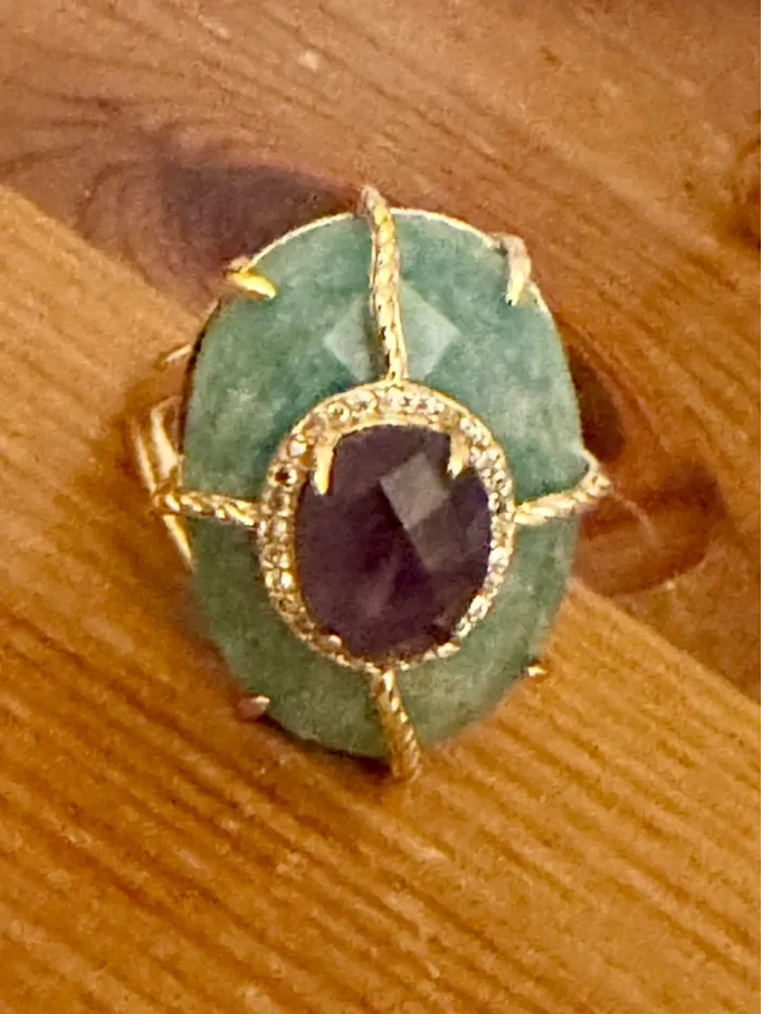 Grosse bague habaha Paris acier inoxydable or jade vert améthyste zircons réglable - photo numéro 9