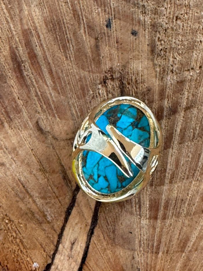 Grosse bague habaha Paris acier inoxydable or travaillées réglable grosse pierre turquoise - photo numéro 10