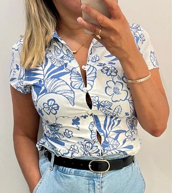 💙Chemise manches courtes, imprimé floral bleu style Hawaï Taille S