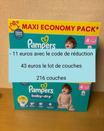 Pampers baby dry taille 4 , 216 couches a 43 euros 