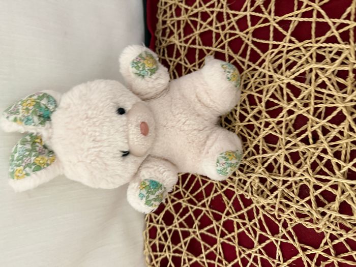 doudou vintage lapin grelot blanc fleuris - photo numéro 5