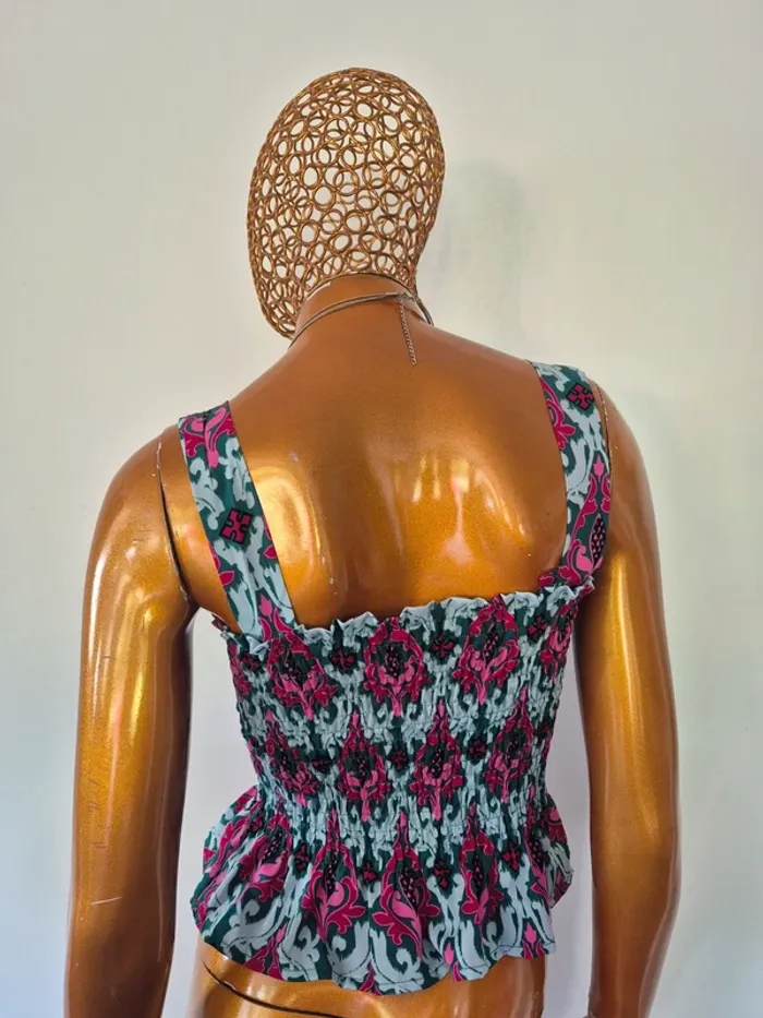 Top Court Plissé Vert et Fuschia Femme Taille L/40 - photo numéro 2