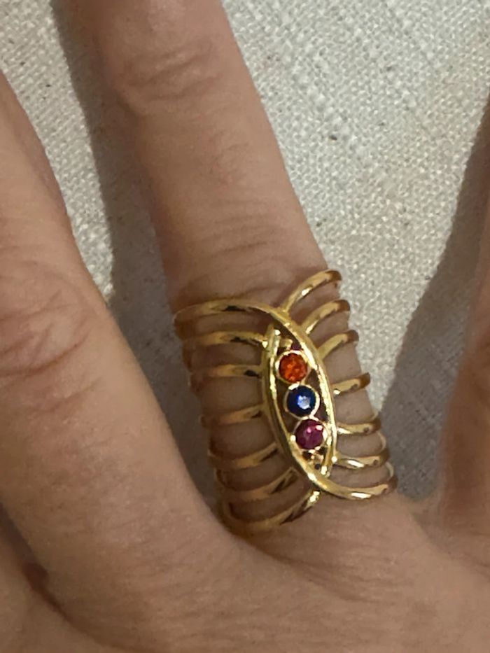 Bague xl réglable acier inoxydable or cristaux couleur