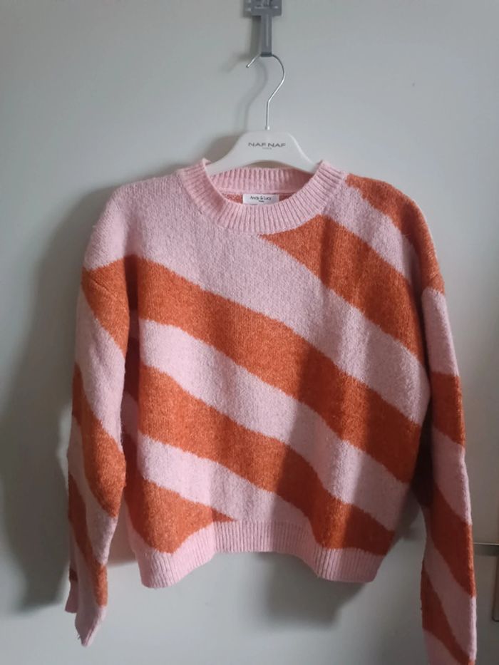 Pull à rayures rose clair et caramel en laine "Phoenix" Andy & Lucy Taille M/L En très bon état - photo numéro 2