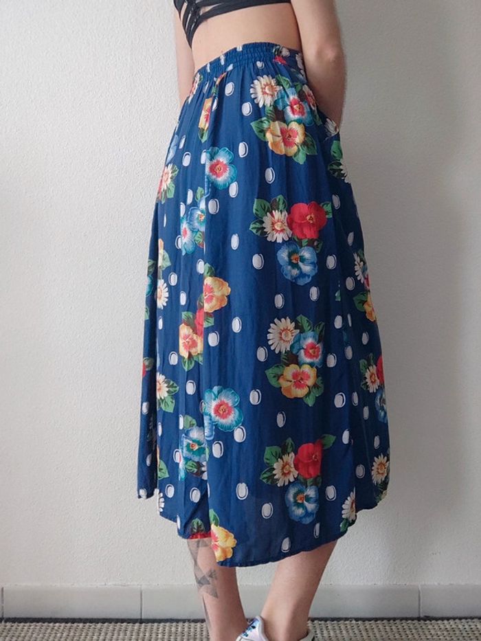 Jupe longue évasée bleu fleur multicolore vintage 70-80 / René Derhy - 34/XS à 36/S - photo numéro 7