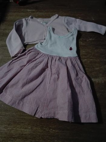 Ensemble robe gilet bébé fille 6 mois rayures mariniere rose ananas neuf