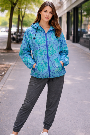 blouson imperméable imprimé bleu avec capuche sans le col Taille XS soir 38 Décathlon Neuf