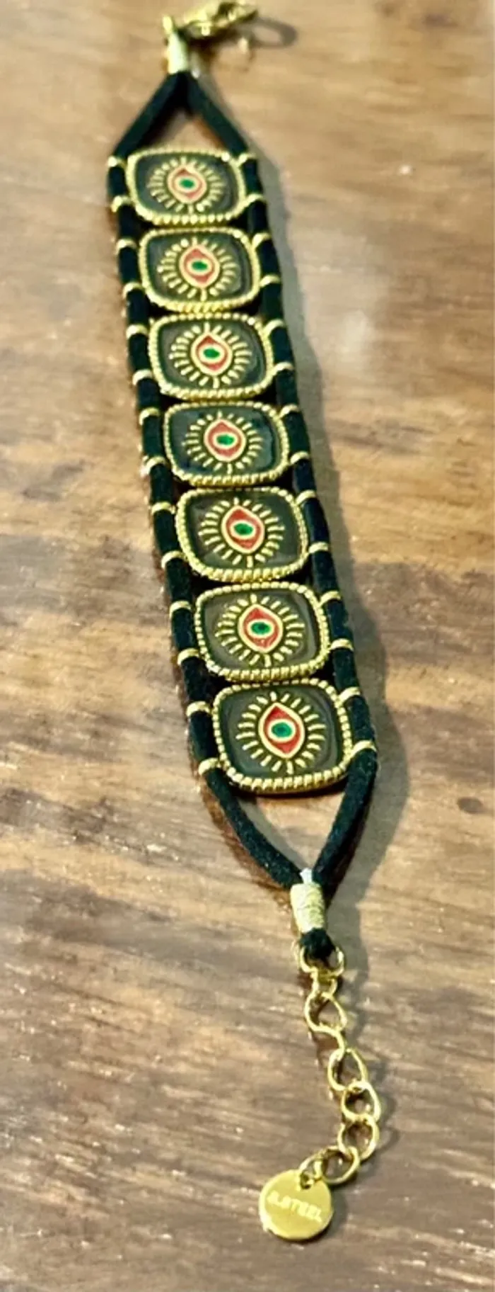 Superbe bracelet manchette cordon chaîne réglable médailles carrées œil réversible - photo numéro 5