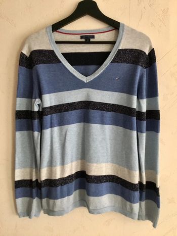 Pull pour femme Tommy Hilfiger bleu tricolore col en V taille L 055