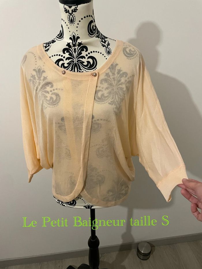 Pull fin manche 3/4 chauve souris ouvert devant abricot corail neuf le petit baigneur taille S