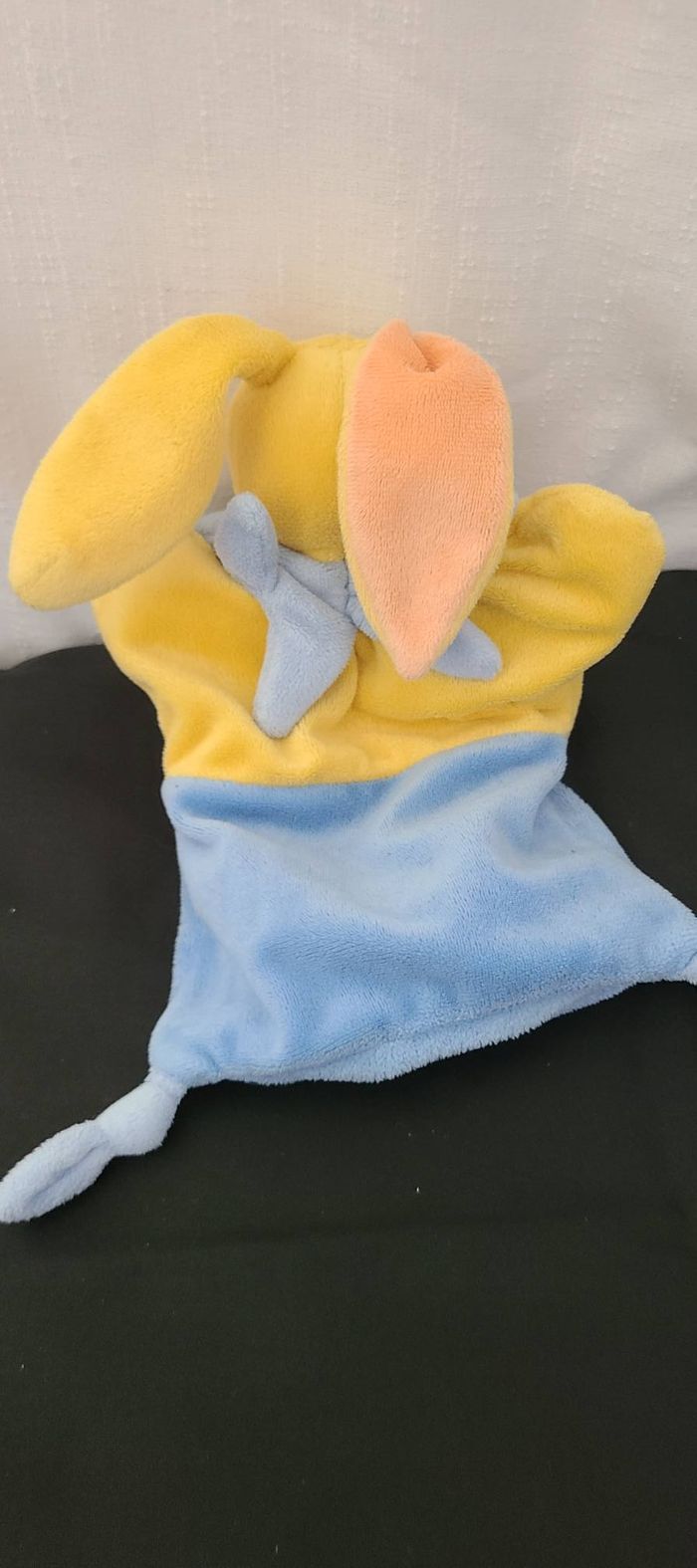 Doudou marionnette Lapin jaune bleu orange étoile poche baby luna Spirale Nœud - photo numéro 3
