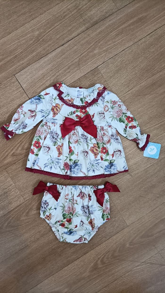 Ensemble robe+culotte fleurie bébé fille Sardon neuf 100/💯  coton - photo numéro 6