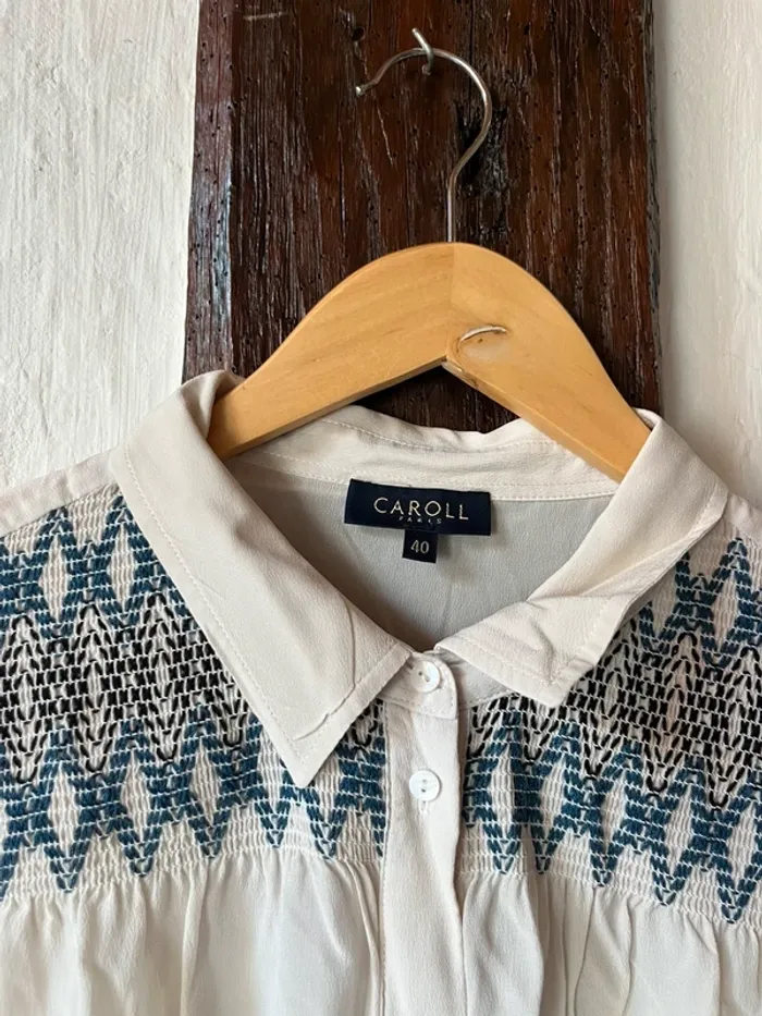 Chemise Caroll 100% soie – broderie bleue – chic et légère – T. 40 - photo numéro 4