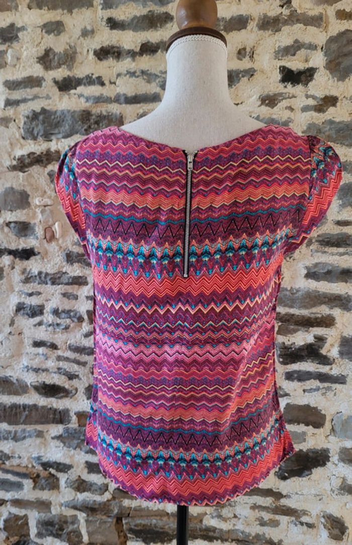 Blouse manches courtes à motifs rose corail bleu turquoise Camaïeu Taille 36 - photo numéro 4