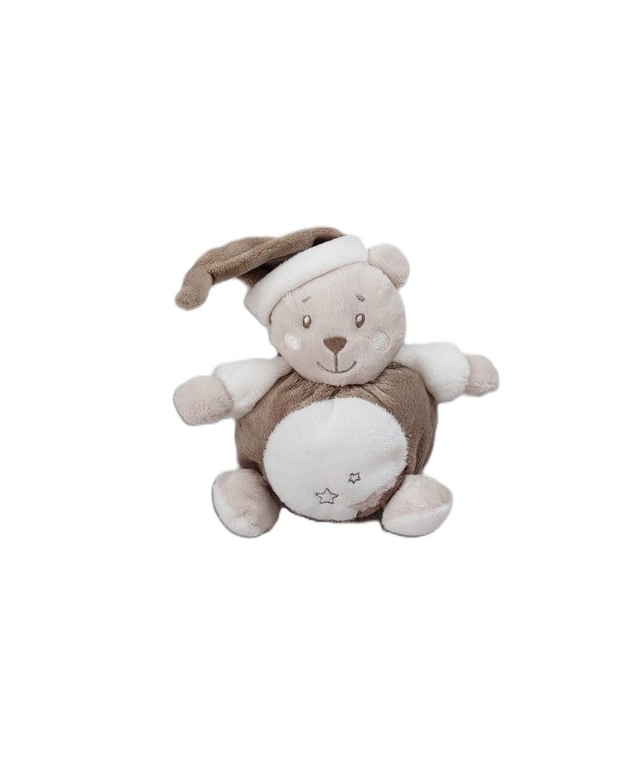 Doudou ours boule KIMBALOO 15 cm assis bonnet marron beige blanc étoiles
