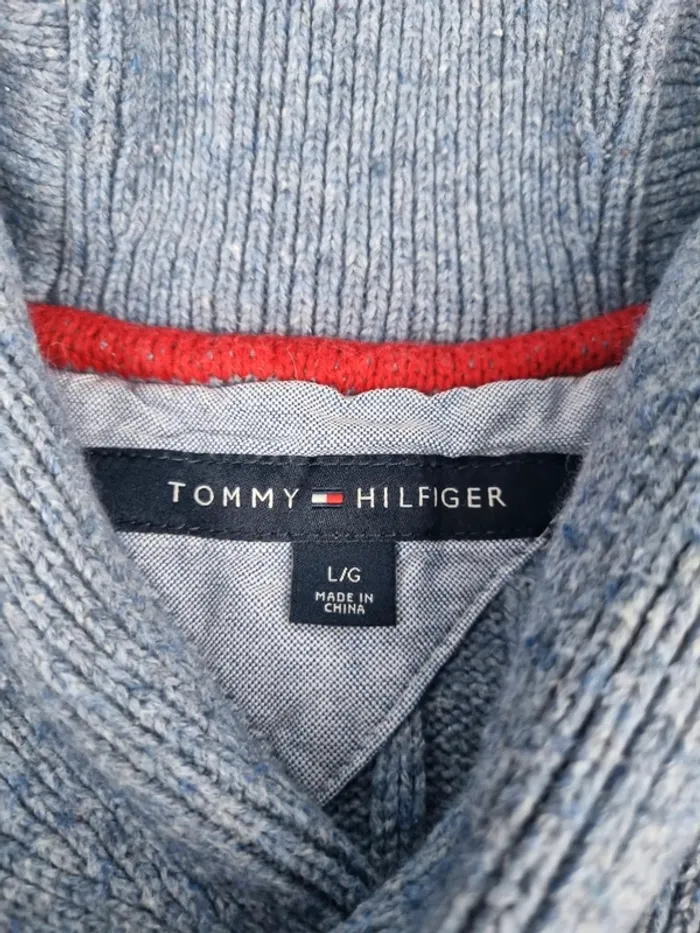 Pull torsadé col châle Tommy Hilfiger – Bleu clair – Taille L Hommes (mesures en photos) - photo numéro 6