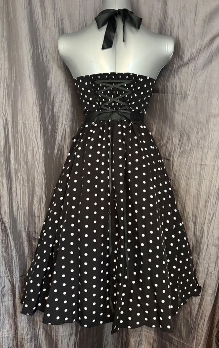 Belle robe pin up noire à pois blanc avec lacets au dos + jupon M/38 - photo numéro 3
