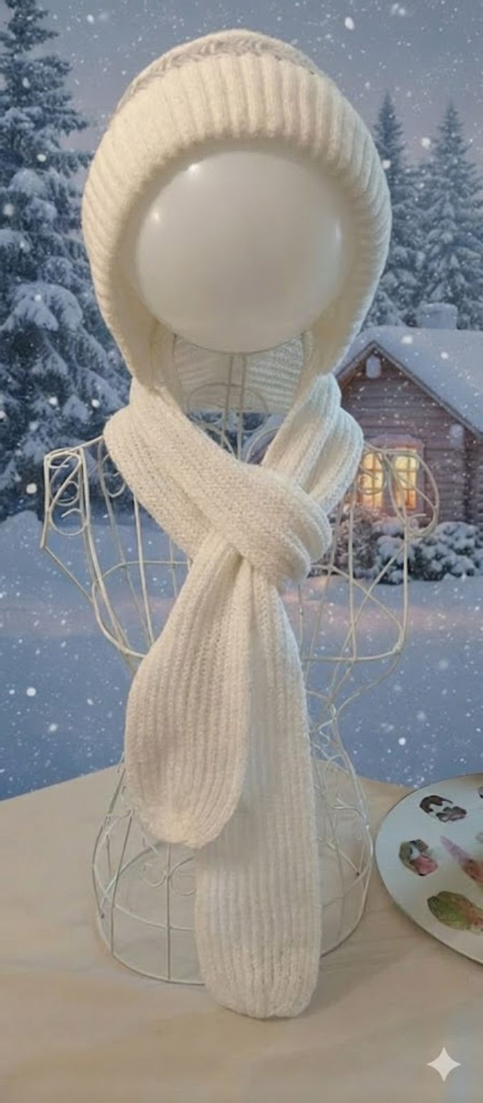 Bonnet fourré et Écharpe 2-en-1 Blanc - Maille Côtelée avec Pompon - Hiver - photo numéro 10