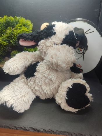 doudou peluche vache blanc noir beige bille ancien fourrure poils Vintage Pe0232