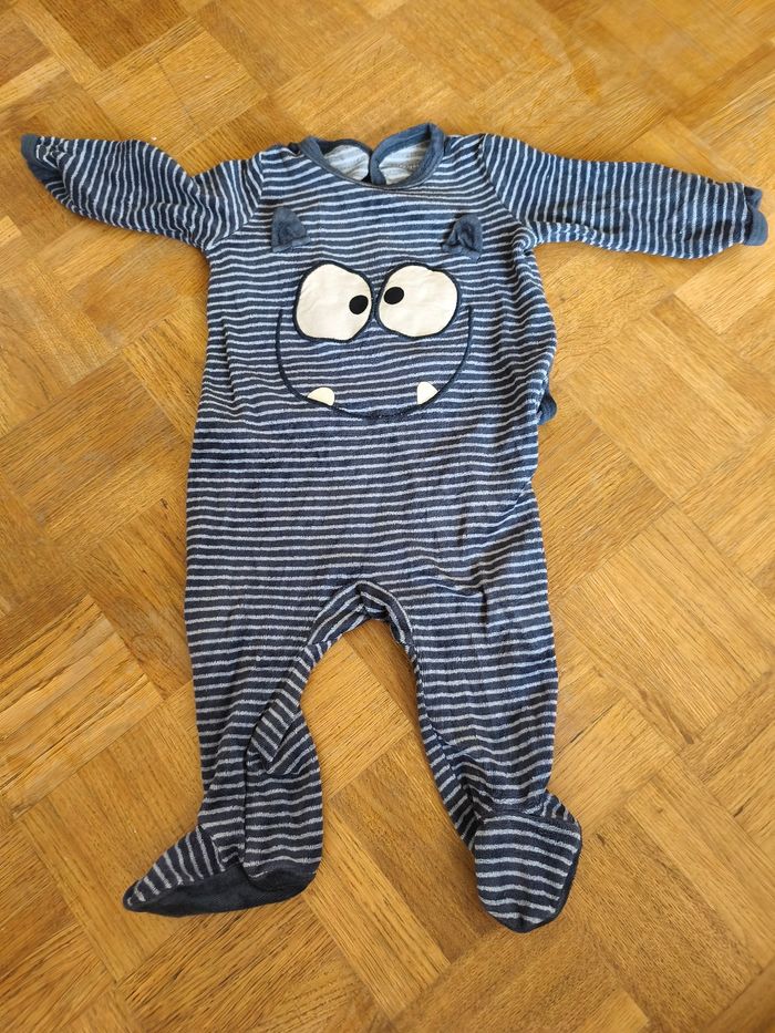 Pyjama grenouillère 9 mois garçon DPAM rayé bleu marine bleu clair rigolo monstre
