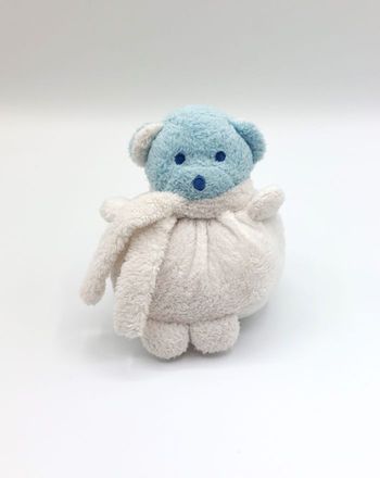Doudou ours boule blanc bleu écharpe - Musti Mustela - petit modèle 11 cm TBE