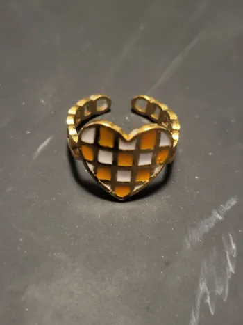 Bague acier inoxydable ajustable cœur damier orange et blanc