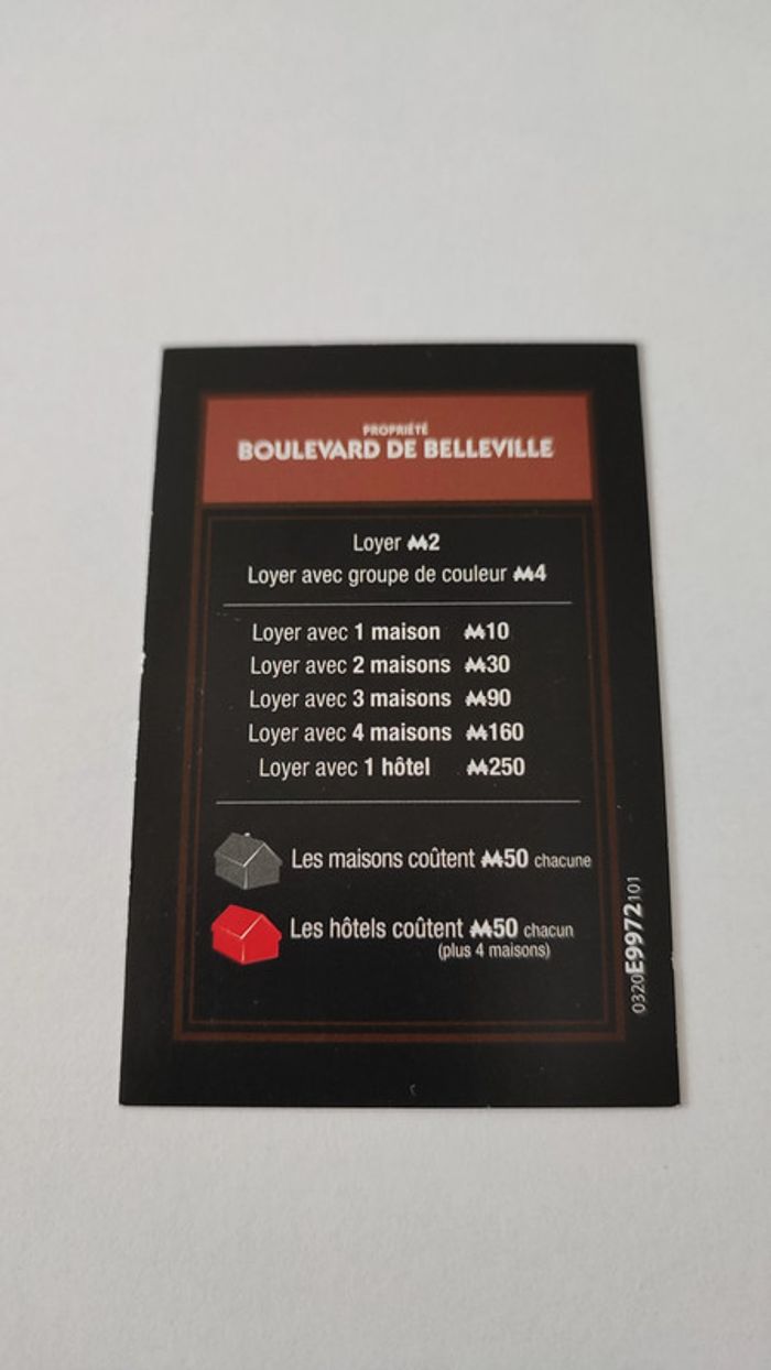 Carte Boulevard de Belleville pièce jeu de société Monopoly mauvais perdants Hasbro Gaming #B77