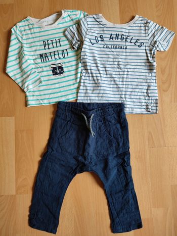 Lot tenue pantalon sarouel Kiabi + t-shirts manches courtes H&M et longues Pat et Ripaton LH en 18M