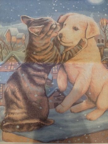 Toile canevas chiot et chaton à la neige