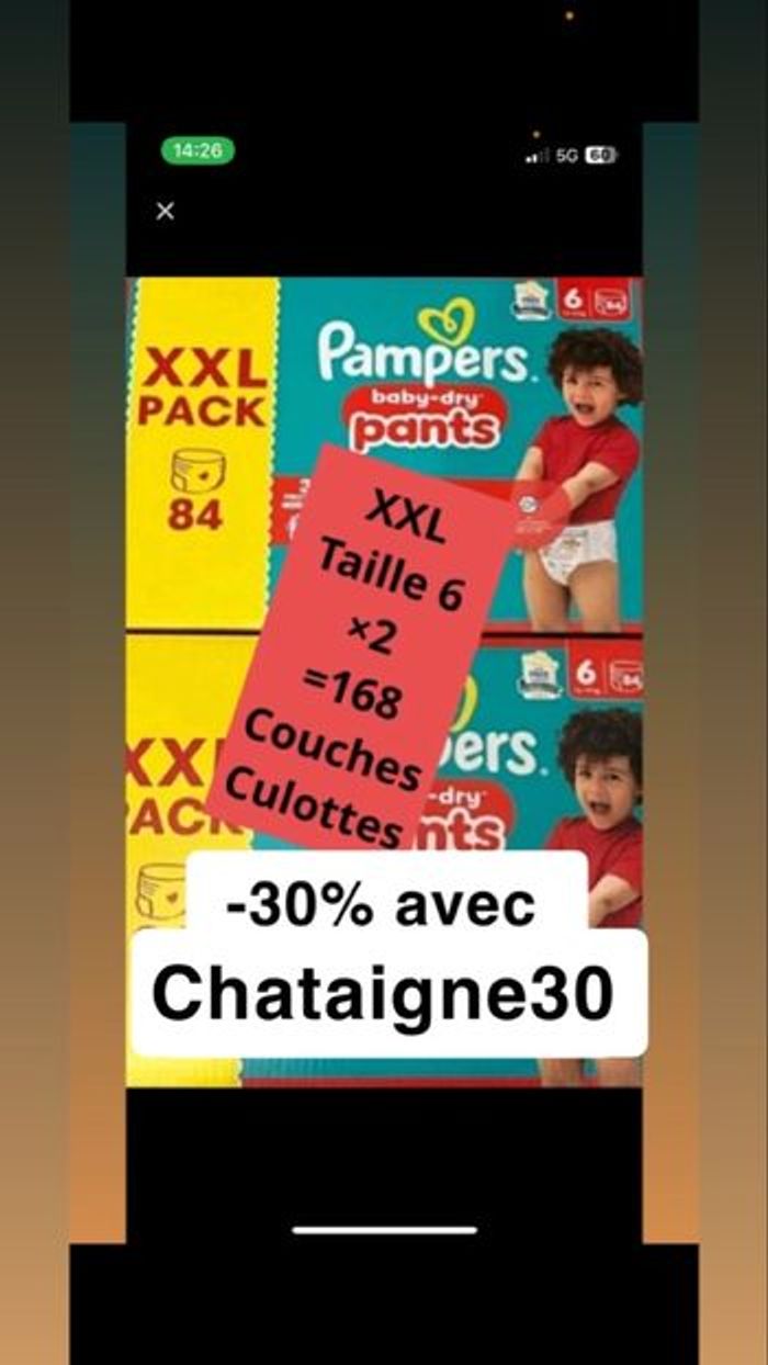 Deux cartons de couches culottes Pampers taille 6