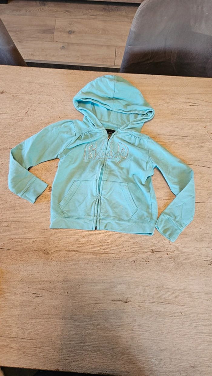 Gilet à capuche turquoise, manches longues, Gap, S/P 6/8 ans