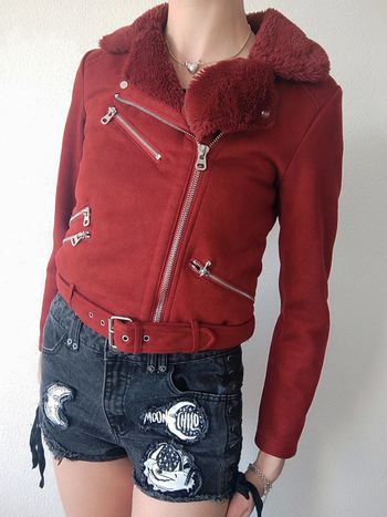 Perfecto blouson veste daim col fourrure rouge foncé / Pimkie - 36/S à 38/M