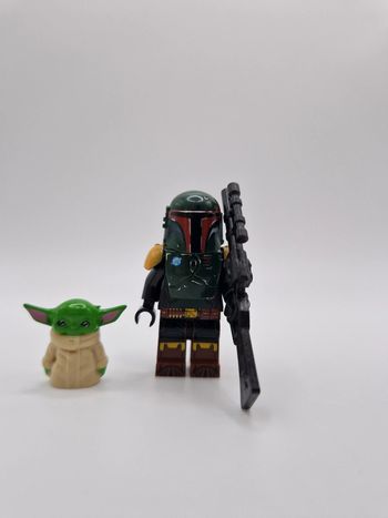 Figurine type lego Boba fett avec bébé yoda Grogu mandalorian star wars