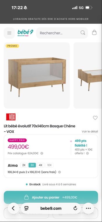 Lit bébé évolutif Vox bois massif état neuf 