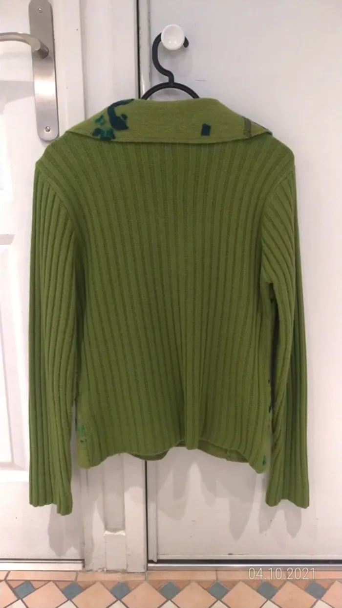 Veste blazer verte en laine bouillie, côtelée manches et dos - photo numéro 2