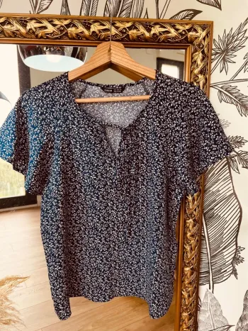 Taille S ~ 36 blouse manches courtes et évasée femme SHEIN bleu marine * fleurs * 🌺