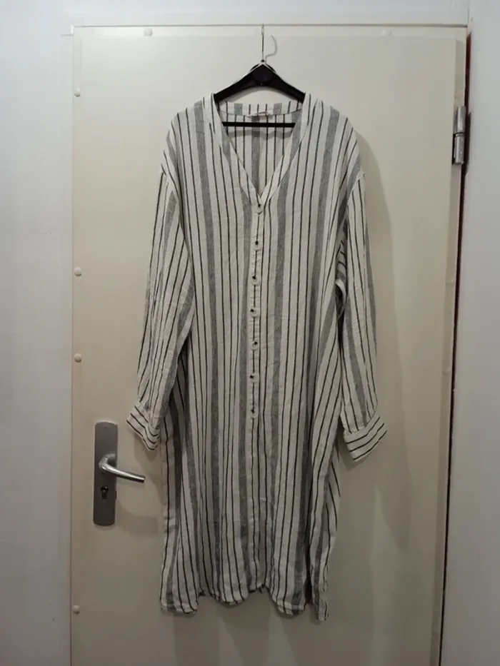 Robe femme camaïeu lin été manches longues boutons a rayures blanches et noires taille XXL