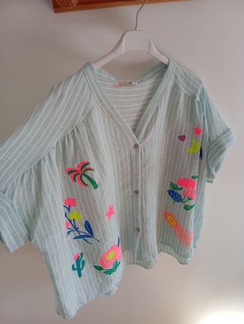 Chemise blouse lin viscose patch vert d'eau taille L XL 