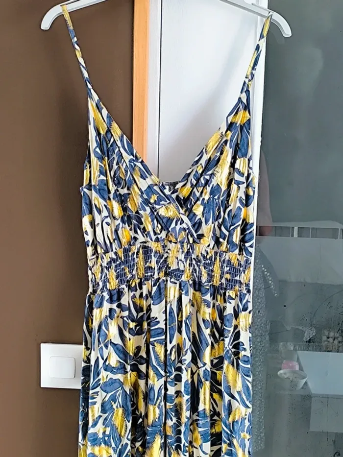 Robe longue imprimée tropicale bleue marine et beige femme 40/42 - photo numéro 2