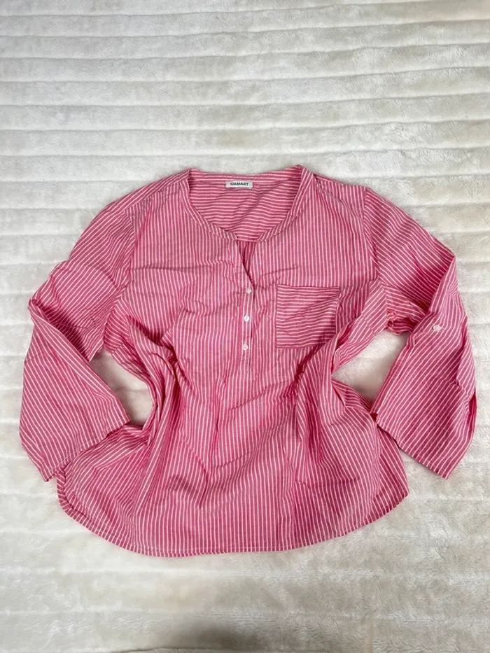 Blouse rayée vintage Damart rose à manches 3/4 – taille XL