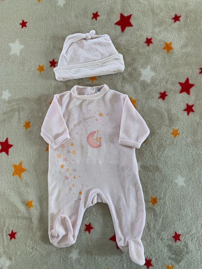 Ensemble Bonnet De Naissance et Pyjama Bébé Rose 0M
