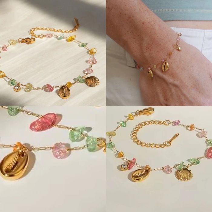 Bracelet doré en acier inoxydable avec pierres colorées et coquillages (neuf) - photo numéro 3