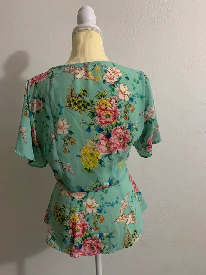 Haut fleuri vert d’eau à imprimés – Taille S - photo numéro 3