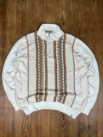 Pull fin vintage 1/4 zip motifs rayures blanc multicolore XL