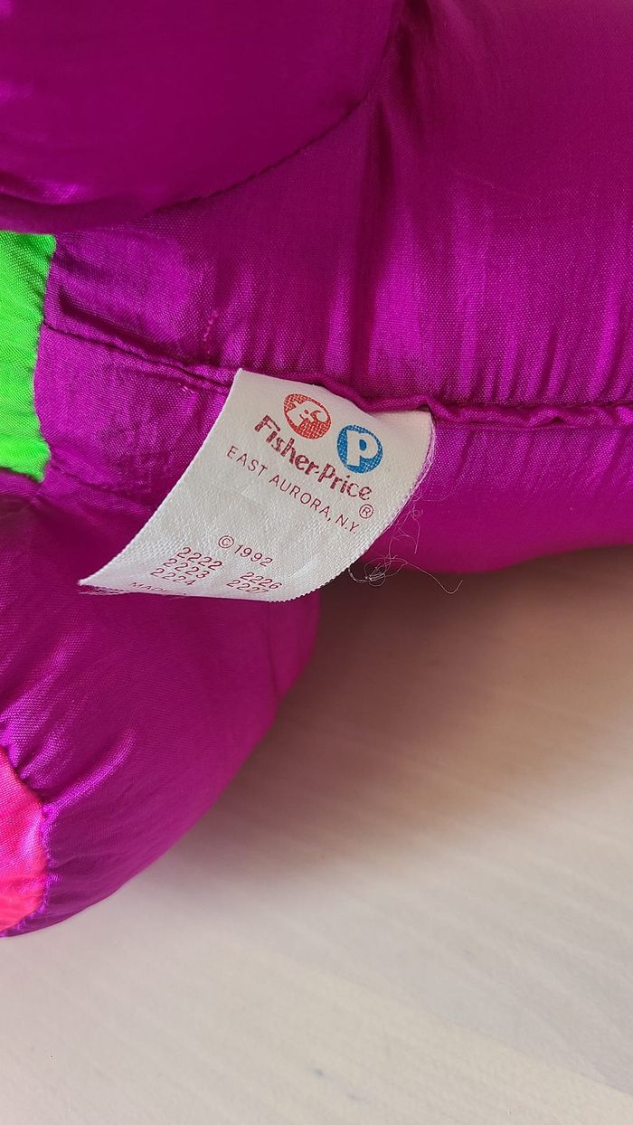 Dinosaure Fisher Price Violet Vert Rose Pouet Peluche Doudou Dino En Toile 1992 Style Puffalump - photo numéro 2